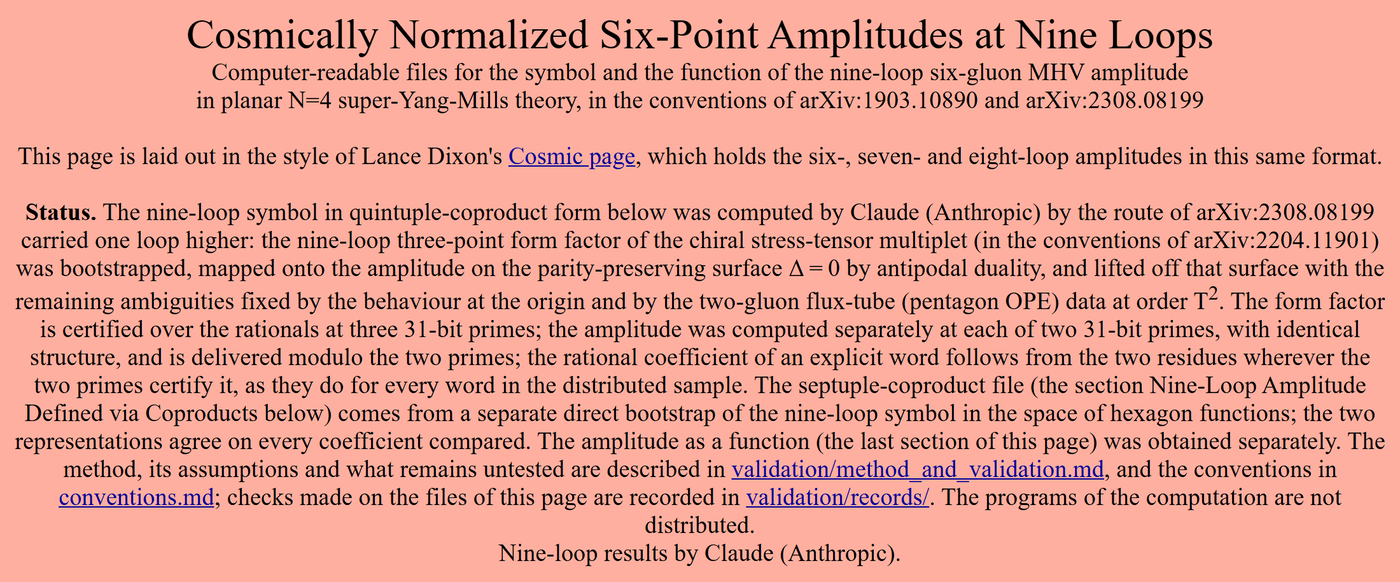 Đầu trang dữ liệu Cosmic9 với tiêu đề Cosmically Normalized Six-Point Amplitudes at Nine Loops và đoạn Status mô tả cách Claude tính symbol chín vòng, các phép kiểm ở số nguyên tố 31 bit và câu cho biết chương trình tính toán không được phân phối